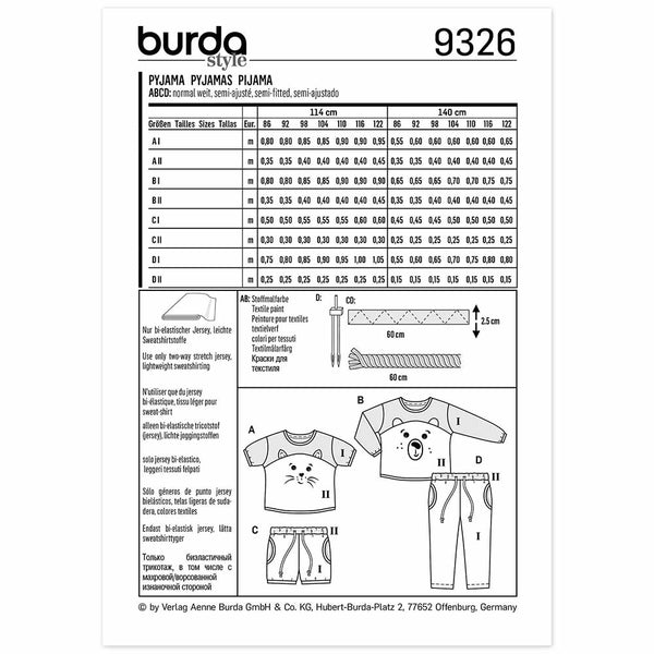 Pattern, Burda, 9326, Kids Pyjamas
