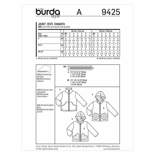Pattern, Burda, 9425, Zippered Jacket, Toddler, Kids