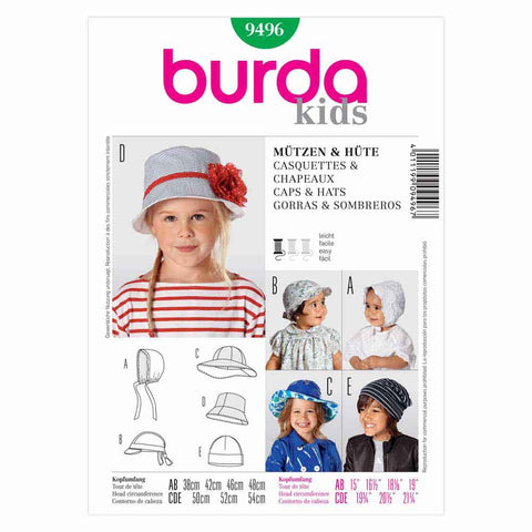 Pattern, Burda, 9496, Hats, Baby, Toddler, Kids