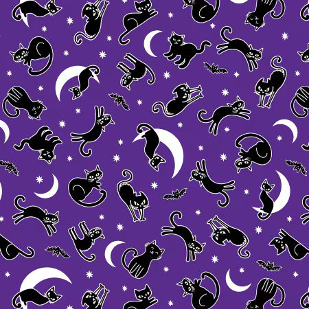 Fabric, Halloween, Chills & Thrills,  Purple Spooky Cat, Glows in the Dark   14610GB-12