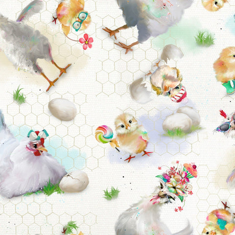 Fabric, Welcome to the Funny Farm Tossed Hens White 18733-WHT
