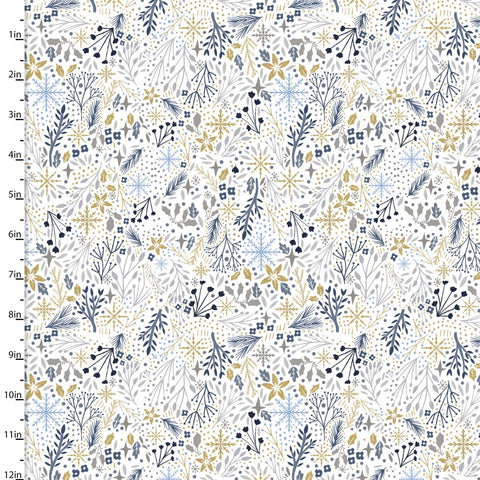 Fabric, Majestic Winter Snowflake and Greenery Metallic 20721-White