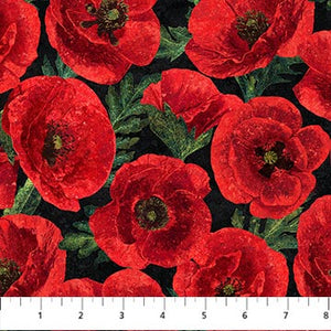 Fabric, Stonehenge Oh Canada, 11, Large Poppy Toss Black Multi 25236-99