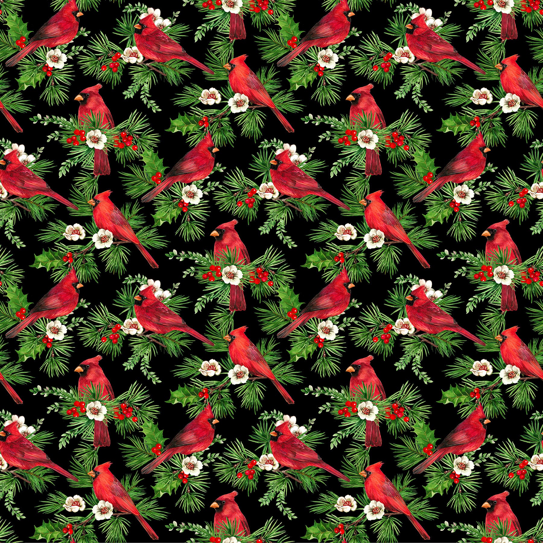Fabric, Cardinal Christmas, Black Multi Cardinals 25481-99