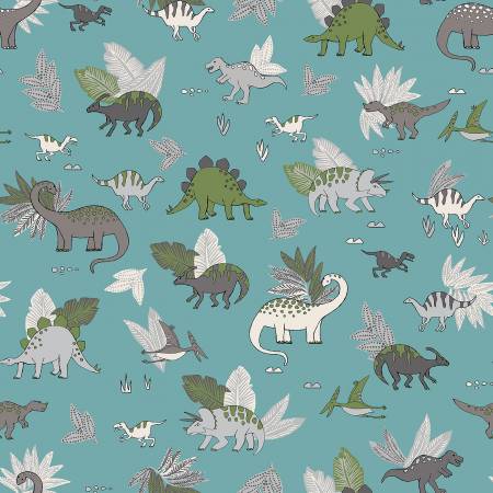 Fabric Flannel , Dino Doodles Turquoise 53419F-5