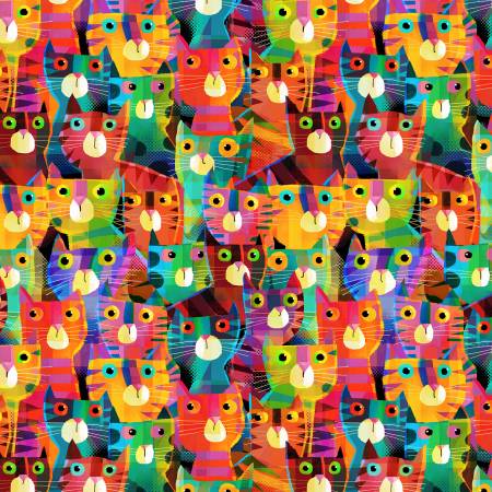 Fabric, Catsville Rainbow Cats Clutter 53483D-4
