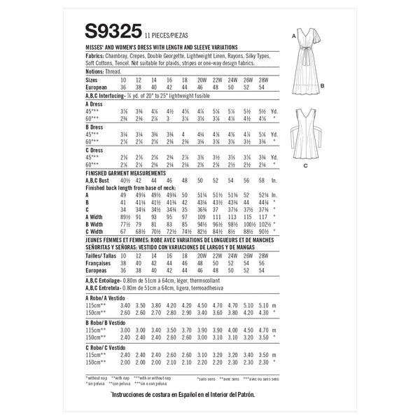 Pattern, SIMPLICITY 9325 Misses and Women's Dress with Length and Sleeve Variations