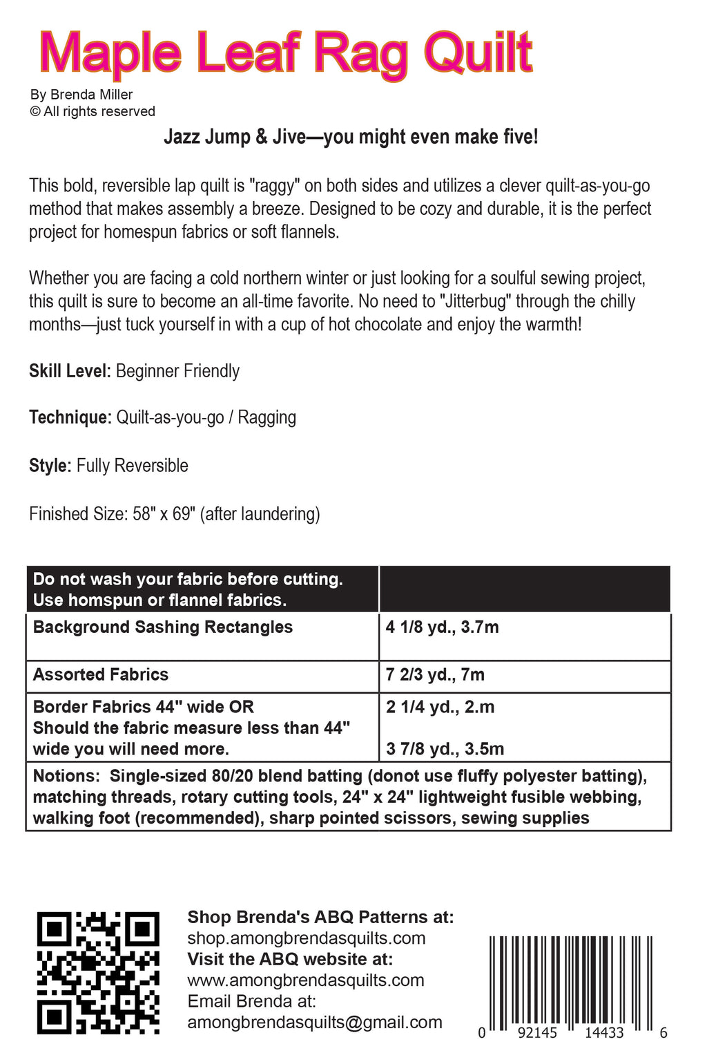 Brenda Rag Pattern, Maple Leaf Rag Quilt ABQ-103 – Among Brenda's Quilts & Bags