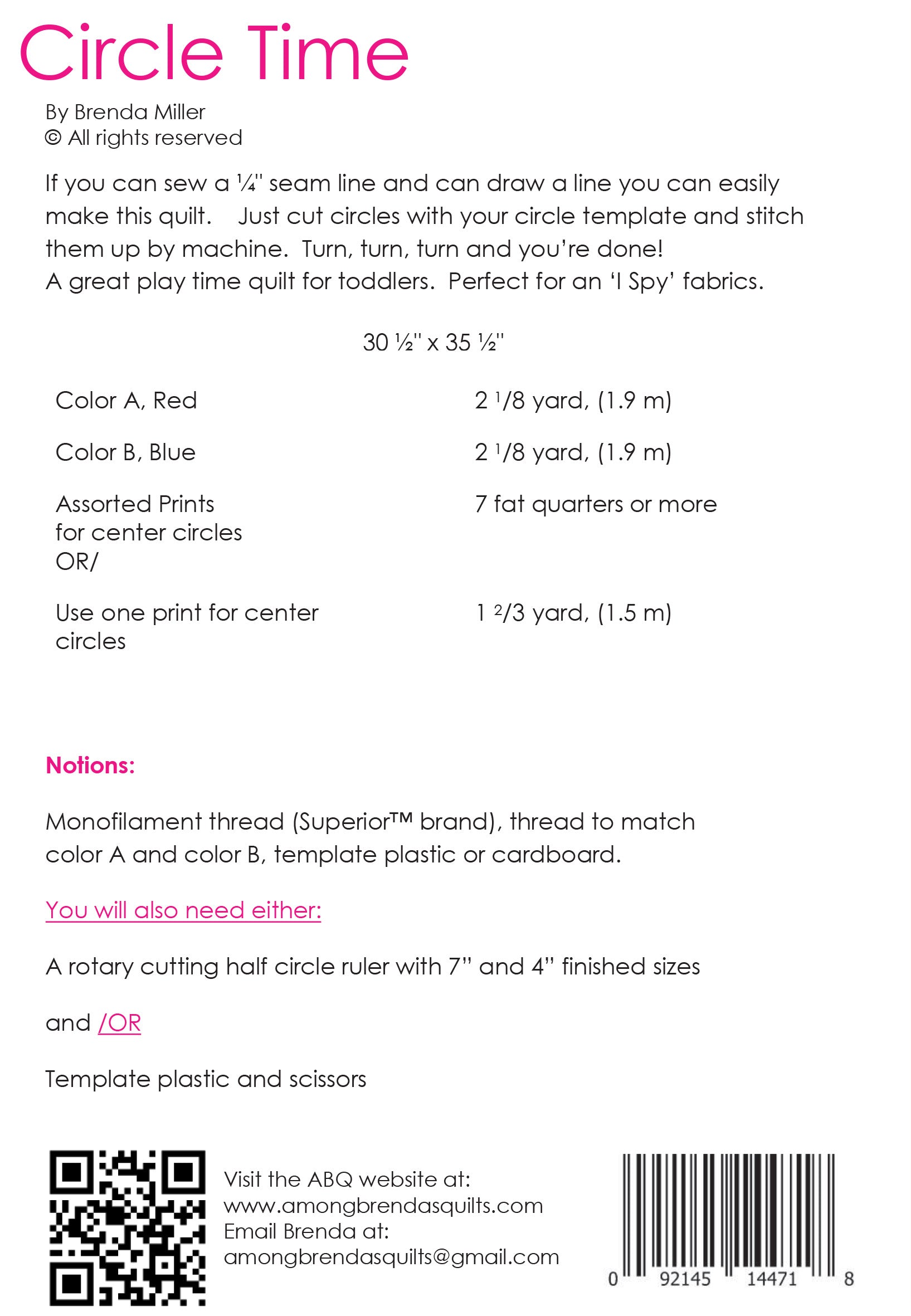Pattern, Circle Time, Toddler quilt for I Spy ABQ-133