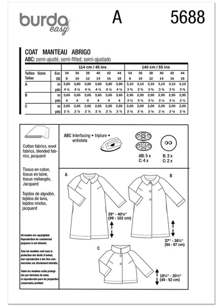 Pattern, Burda, 5688, Misses' Coats & Jackets