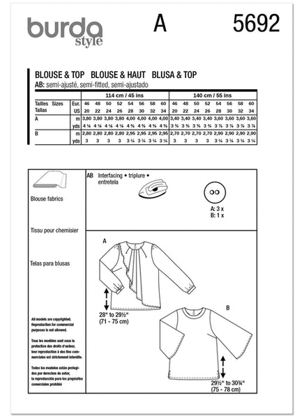 Pattern, Burda, 5692 Misses' Blouse and Shirt