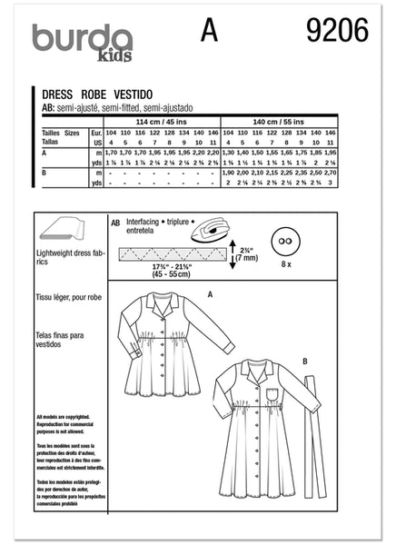 Pattern, Burda, 9206 Children's Dresses