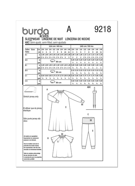 Burda, 9218, Children's Sleepwear