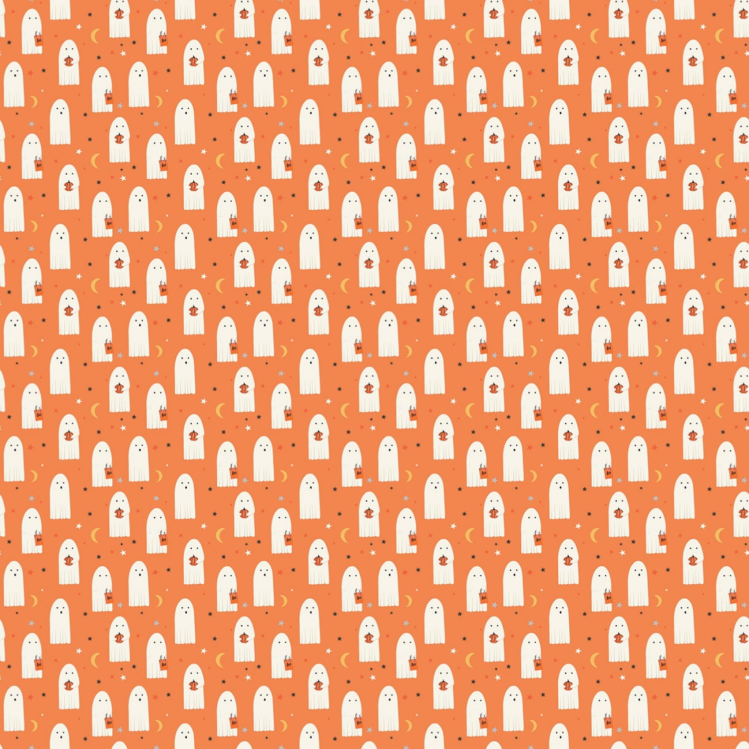 Fabric, Halloween Hey Bootiful Sheet Ghosts Orange C13132R-Orange