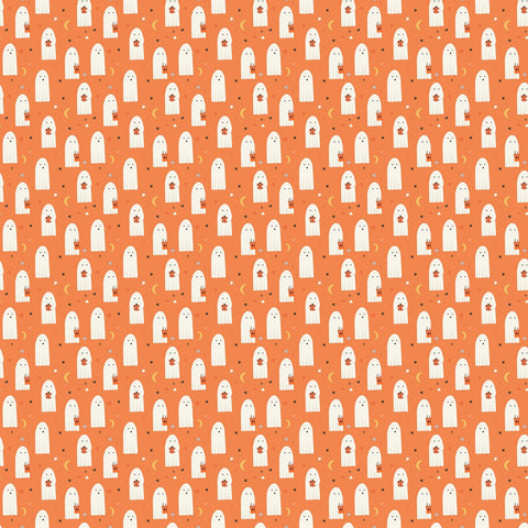 Fabric, Halloween Hey Bootiful Sheet Ghosts Orange C13132R-Orange