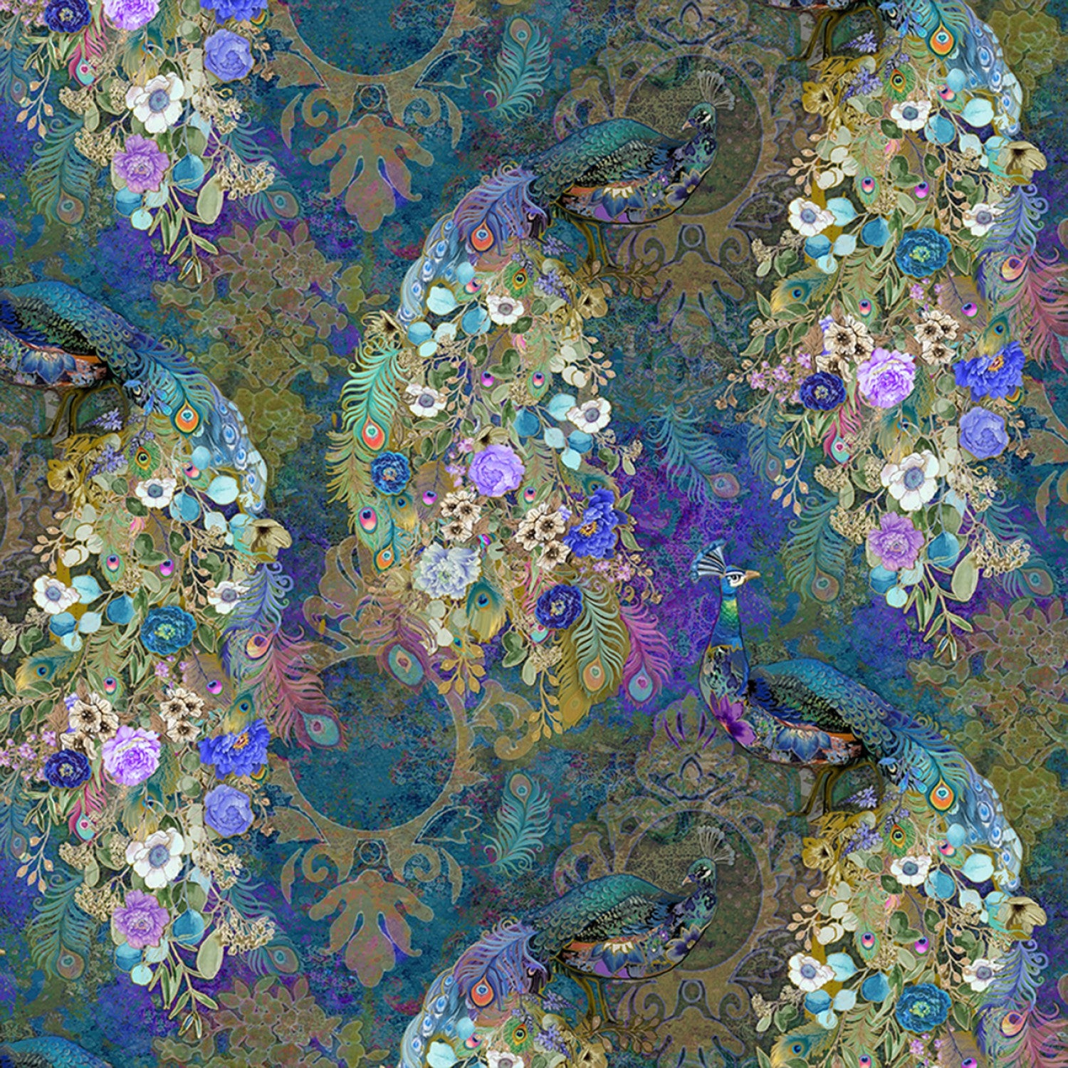 Fabric, Flourish, Peacock Bird Floral Teal, CD2581-Teal