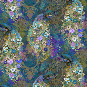 Fabric, Flourish, Peacock Bird Floral Teal, CD2581-Teal