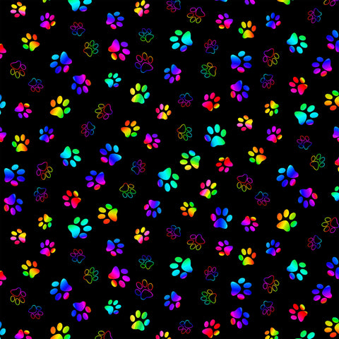 Fabric, Multi Black Rainbow Paw Prints  CD3035-Black