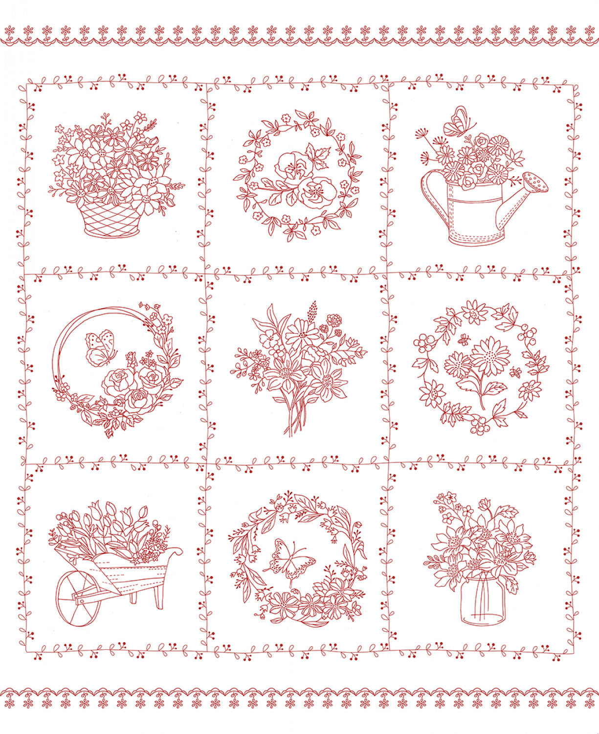 Fabric, Panel Garden Redwork Floral Panel CD3100-White