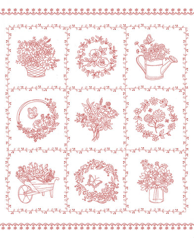 Fabric, Panel Garden Redwork Floral Panel CD3100-White