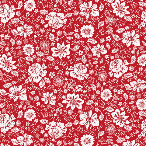 Fabric, Garden Redwork, Red Large Redwork Floral CD3101-Red