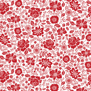 Fabric, Garden Redwork, White Large Redwork Floral CD3101-White