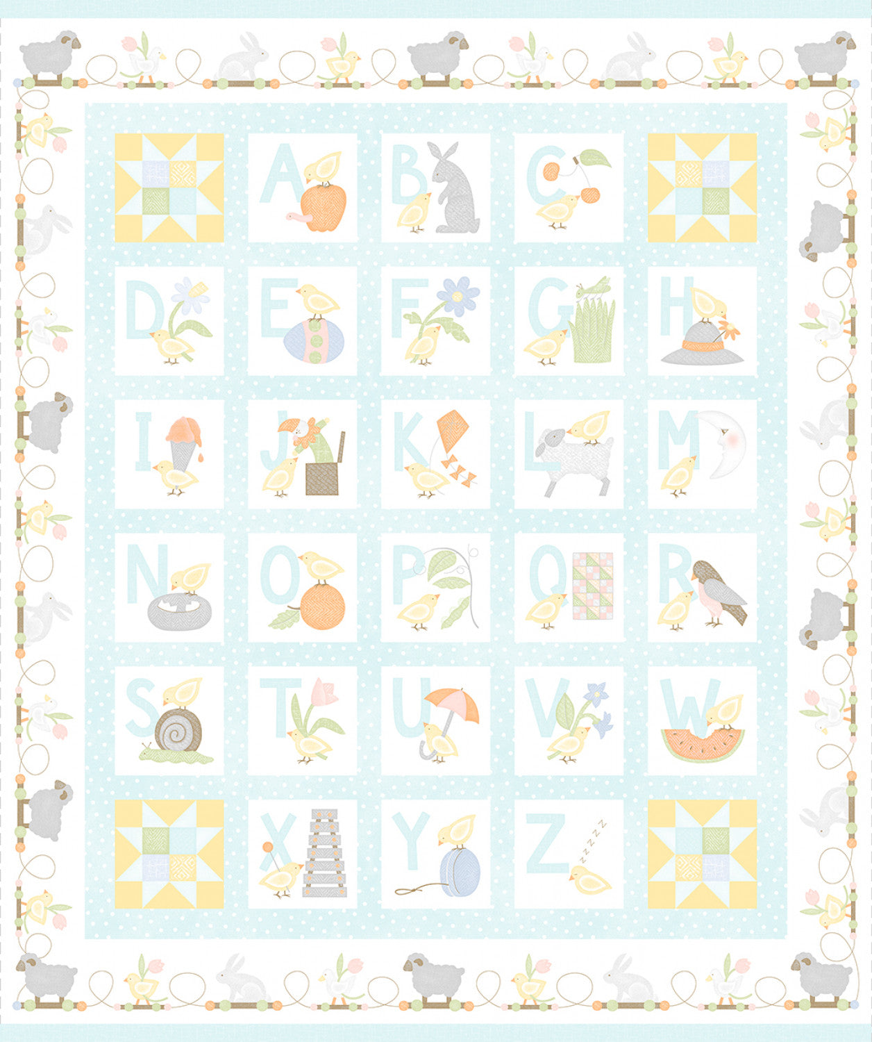 Fabric, Flannel, Little Chicks, Aqua Alphabet Panel 36in F10560M-Q