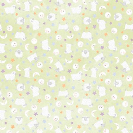 Fabric, Little Chicks Flannel, Green Lambies & Moon  F10564M-G