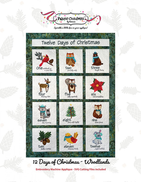 Pattern, Machine Embroidery Twelve days of Christmas Woodlands # FC-TDOCW