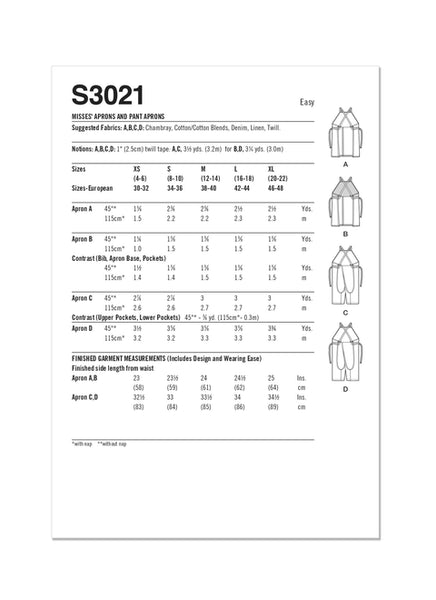 Pattern, SIMPLICITY 3021, Misses' Aprons and Pant Aprons