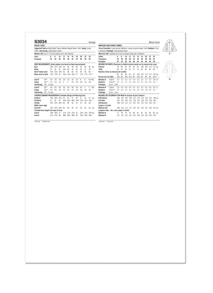 Pattern, SIMPLICITY 3034, Misses' Coats