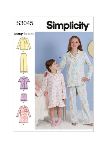 Pattern, SIMPLICITY 3045, Children's and Girls' Lounge Tops, Gown, Shorts and Pants