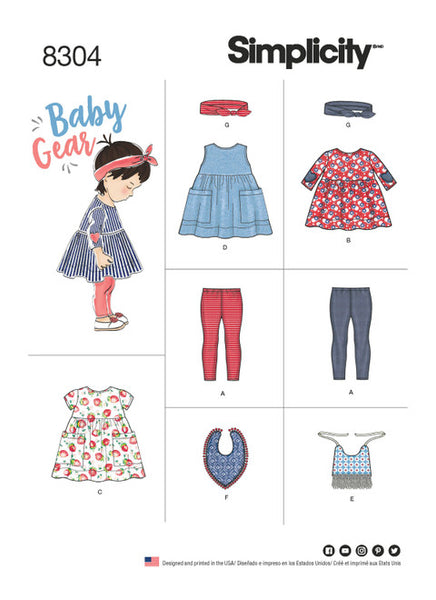 Pattern, SIMPLICITY 8304 Babies' Leggings, Top, Dress, Bibs and Headband