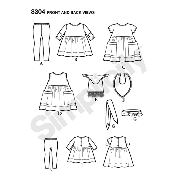 Pattern, SIMPLICITY 8304 Babies' Leggings, Top, Dress, Bibs and Headband