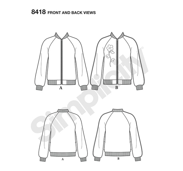Pattern, SIMPLICITY 8418 Misses' Lined Bomber Jacket with Fabric and Trim Variations