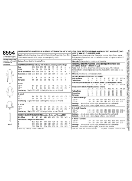 Pattern, SIMPLICITY 8554 Misses' & Miss Petite Coats and Jackets