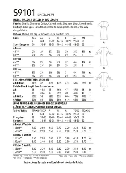 Pattern, SIMPLICITY 9101 Misses' Pullover Dresses In Two Lengths