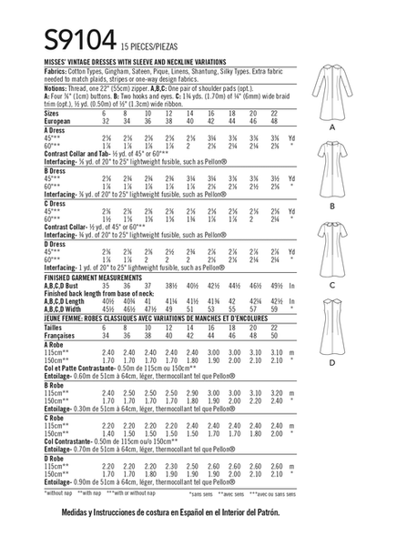 Pattern, SIMPLICITY 9104 Misses' Vintage Dresses with Sleeve & Neckline Variation