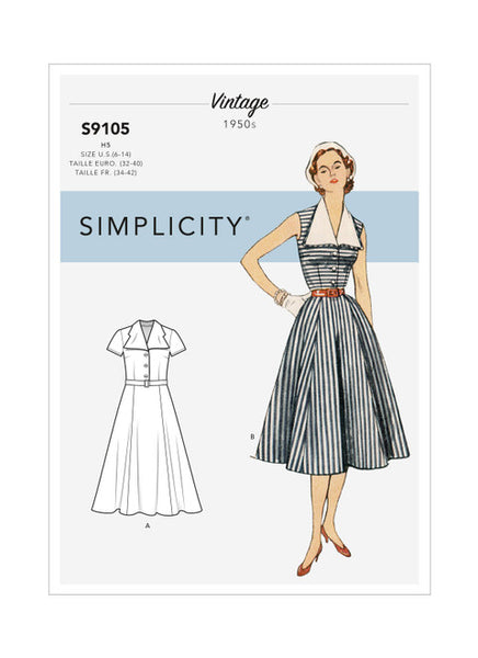 Pattern, SIMPLICITY 9105 Misses' Vintage Dress with Detachable Collar