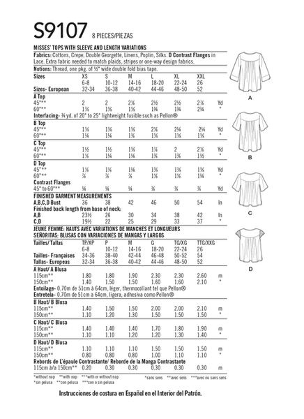 Pattern, SIMPLICITY 9107 Misses' Tops with Sleeve & Length Variation