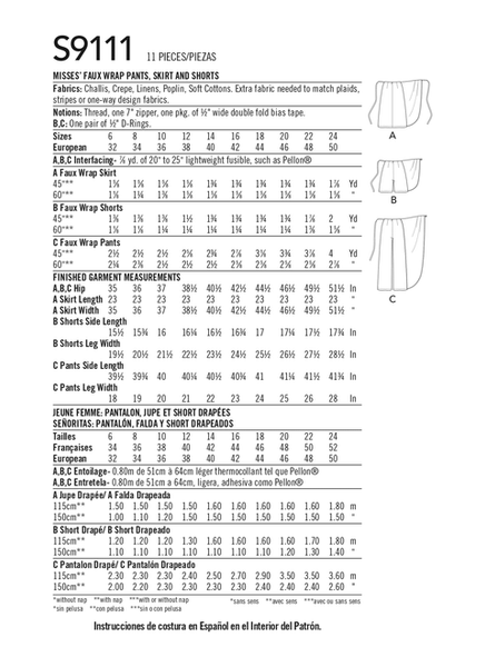 Pattern, SIMPLICITY 9111 Misses' Faux Wrap Pants, Skirt & Shorts