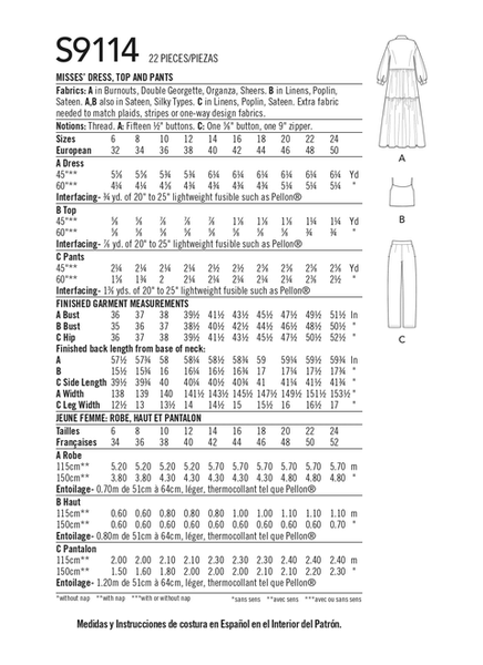 Pattern, SIMPLICITY 9114 Misses' Dress, Top & Pants By Mimi G Style