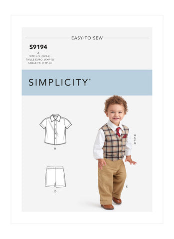 Pattern, SIMPLICITY 9194 Infants' Vest, Shirt, Shorts, Pants, Tie & Pocket Square