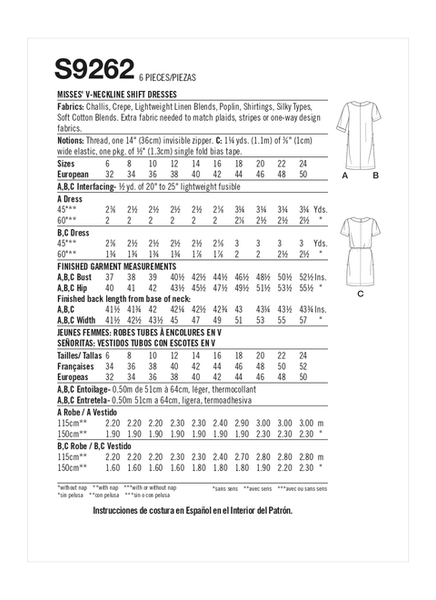 Pattern, SIMPLICITY 9262 Misses' V-neckline Shift Dresses