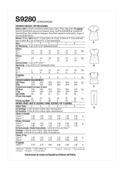 Pattern, SIMPLICITY 9280 Children's Dresses, Top & Leggings