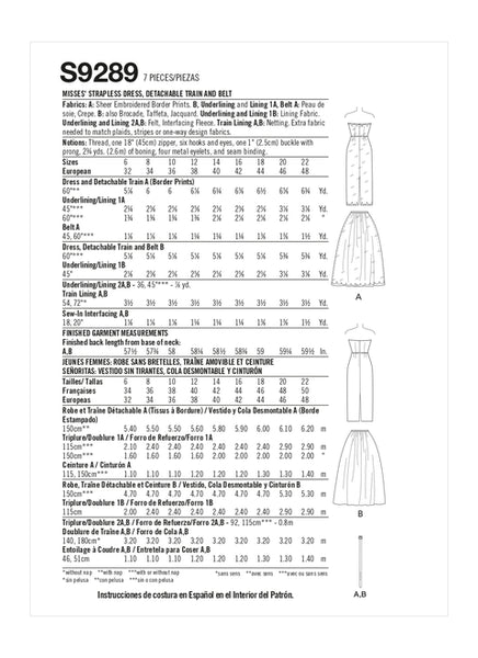 Pattern, SIMPLICITY 9289 Misses' Strapless Dress, Detachable Train & Belt