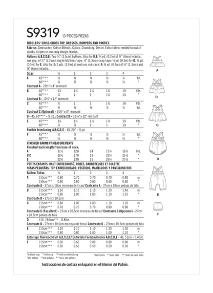 Pattern, SIMPLICITY 9319 Toddlers' Criss-Cross Top, Dresses, Rompers and Panties