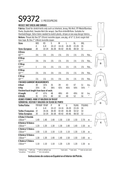 Pattern, SIMPLICITY 9372 Misses' Knit Dress and Shrugs