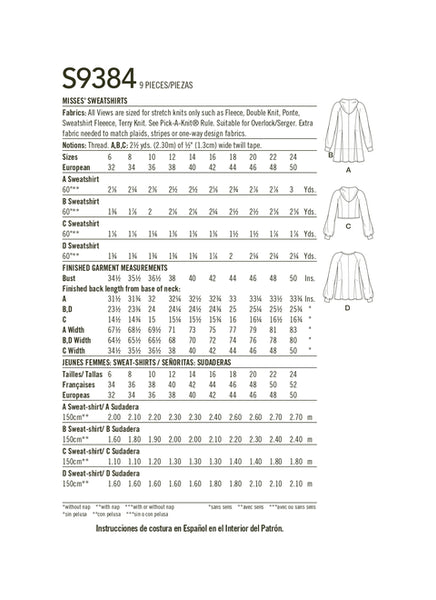 Pattern, SIMPLICITY 9384 Sewing Pattern Misses' Sweatshirts