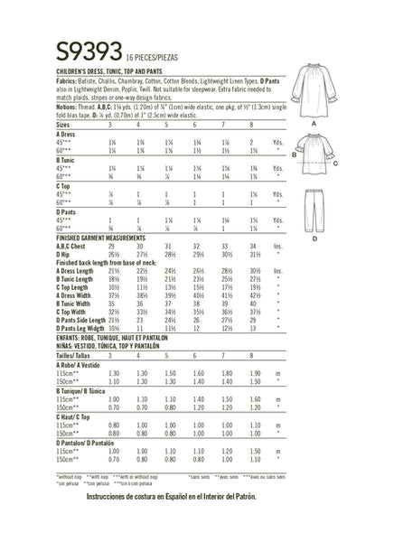 Pattern, SIMPLICITY 9393 Children's Dress, Tunic, Top and Pants